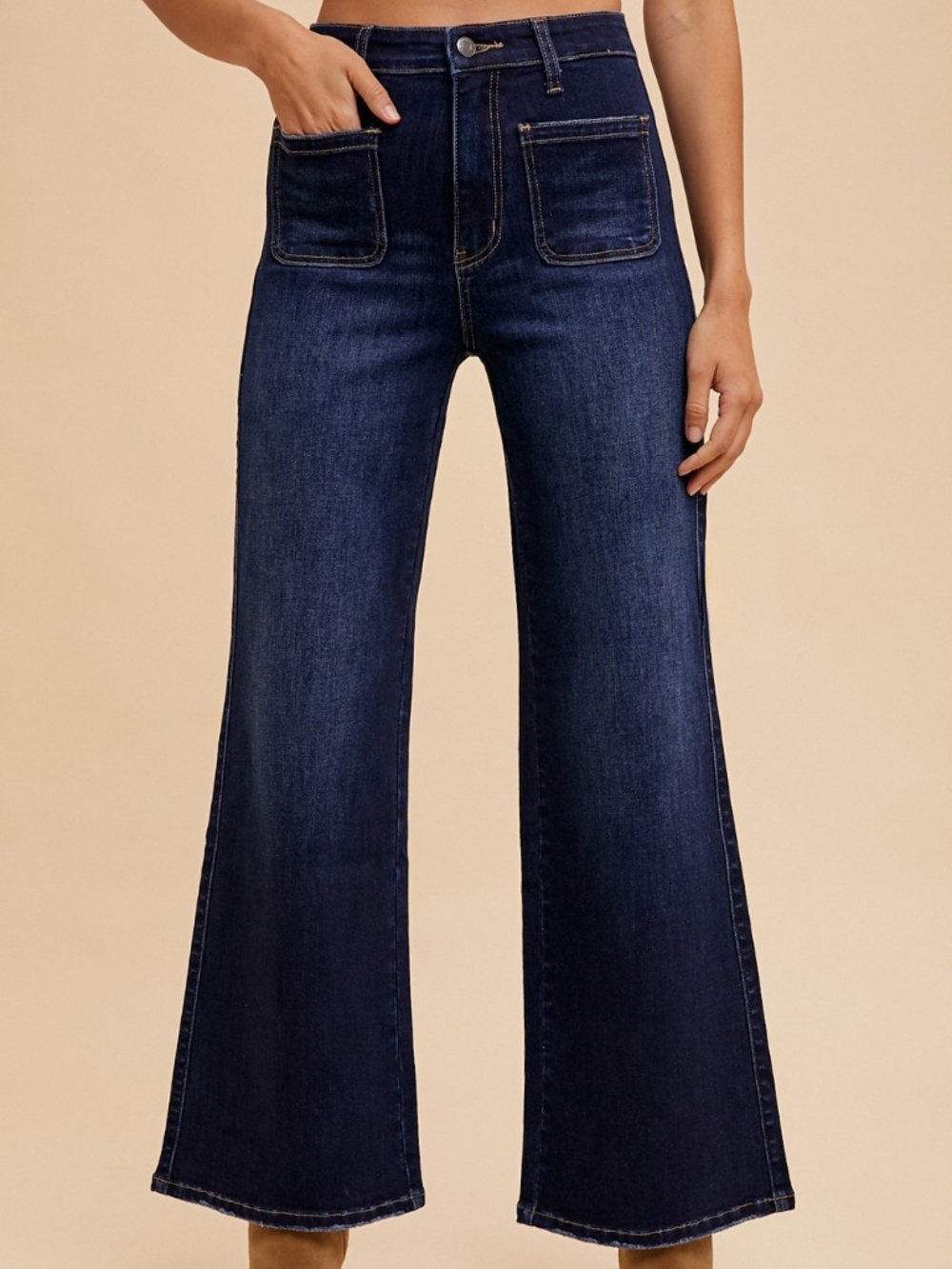 296 - Dark Wash Front Patch Pocket Wide Denim